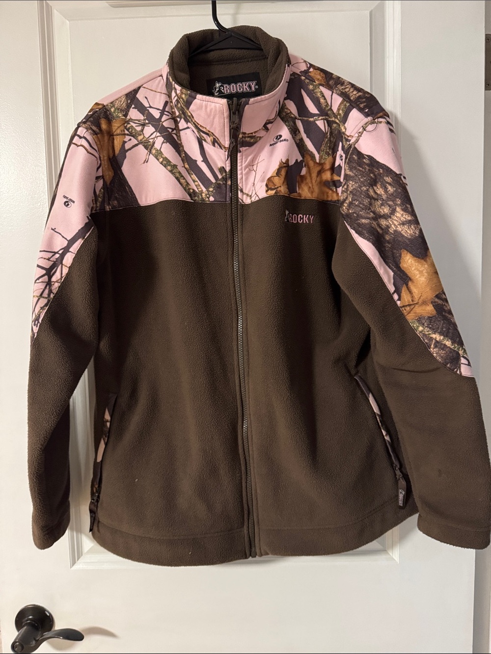 Rocky Brown Fleece Jacket with Pink Camouflage Accents